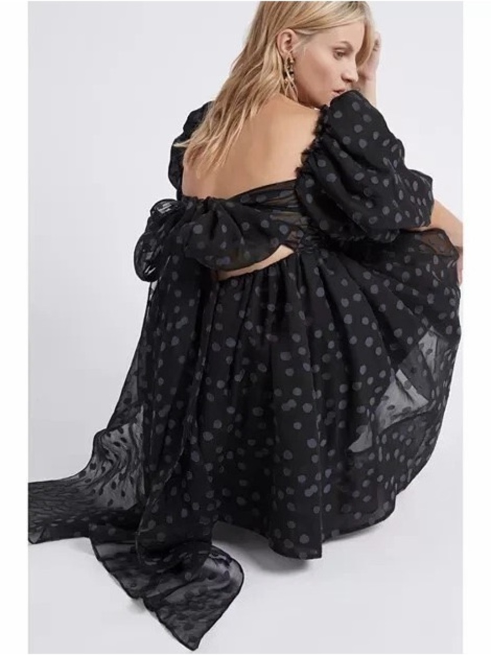 AJE La Piscine NWT Dotted Chiffon Puff Sleeve Bow Back Mini Dress Size 4 US Sz 0 - Picture 3 of 16
